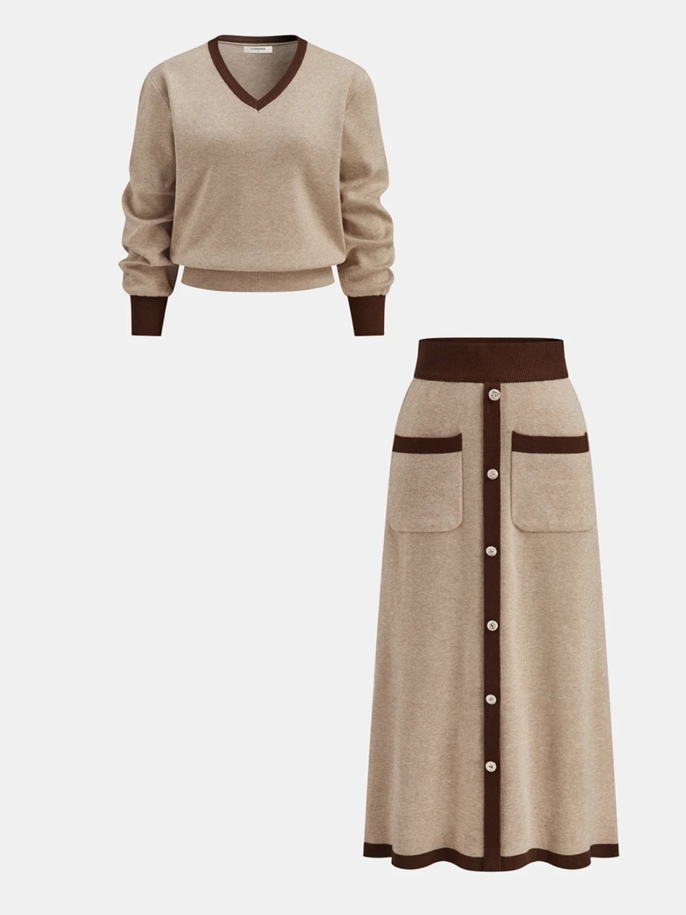 Commense Beige and Brown Knit Maxi Skirt Set XL